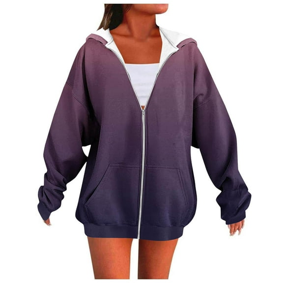 SuTry Women's Fashion Hooded Sweatshirts Fall Winter Casual Printed Long Sleeve Blouse with Zip Closure Suits Cool Weather Outings(Purple,2XL)