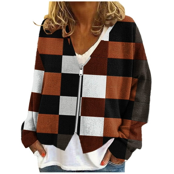 SuTry Women's Fashion Print Plush Cardigan Fall Winter Thermal V-Neck Front Zipper Long Sleeve Casual Outerwear Womens Tops(Brown,2XL)
