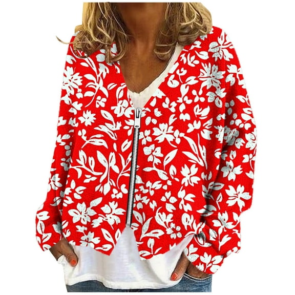 SuTry Women's Fashion Print Plush Cardigan Fall Winter Thermal V-Neck Front Zipper Long Sleeve Casual Outerwear Womens Tops(Red,L)