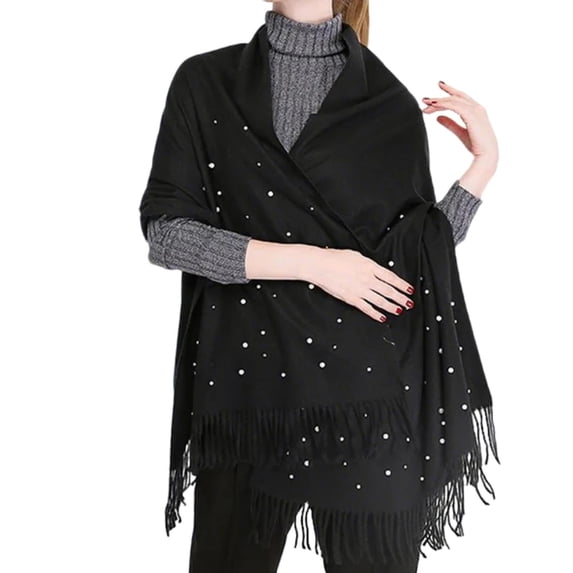 SuTry Women's Fashion Rhinestone Embellished Shawl Soft Warm Wrap with Fringe Versatile Open Front for Winter Cold Weather Accessory(Black,Free Size)