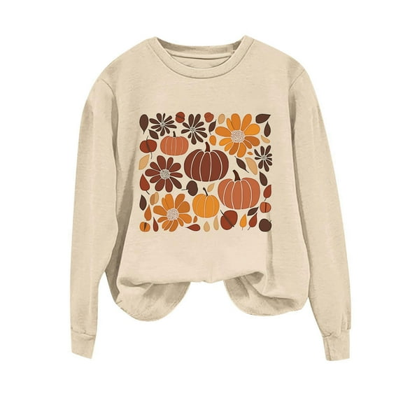 SuTry Women's Fashionable Halloween Printed Blouses Round Neck Long Sleeved Loose Casual Sweatshirt Tops Festive Outfits(Khaki,S)