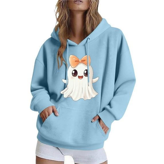 SuTry Women's Festival Printed Blouses Loose Long-Sleeved Casual Hooded Sweatshirt with Pocket Suitable for Festive Outings(Blue,XL)