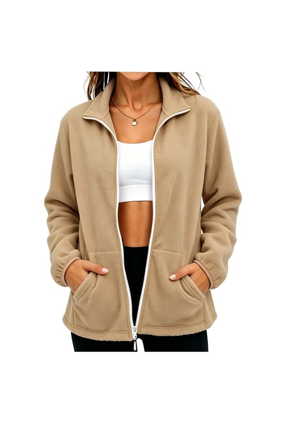 Women's Fleece Jacket Stand Collar Full Zip Lightweight Winter Coat with Front Pockets Casual Outdoor Daily Wear Relaxed Cozy Fit