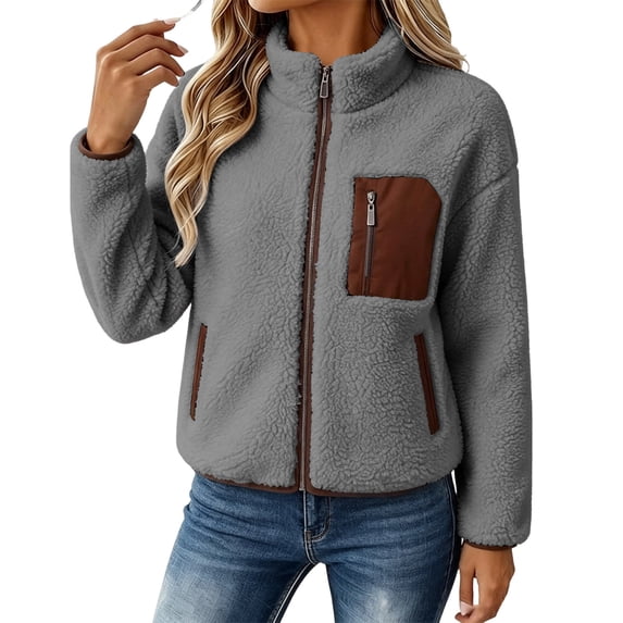 SuTry Women's Fleece Jacket Stand Collar Full Zip Sherpa Texture Contrast Pocket Drop Shoulder Relaxed Fit Long Sleeve Winter Casual Daily Wear Outerwear