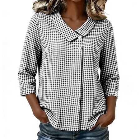 SuTry Women's Gingham Blouse, Collared 3/4 Sleeve Top, Checkered Button Front Casual Shirt, Everyday Versatile Summer Layer