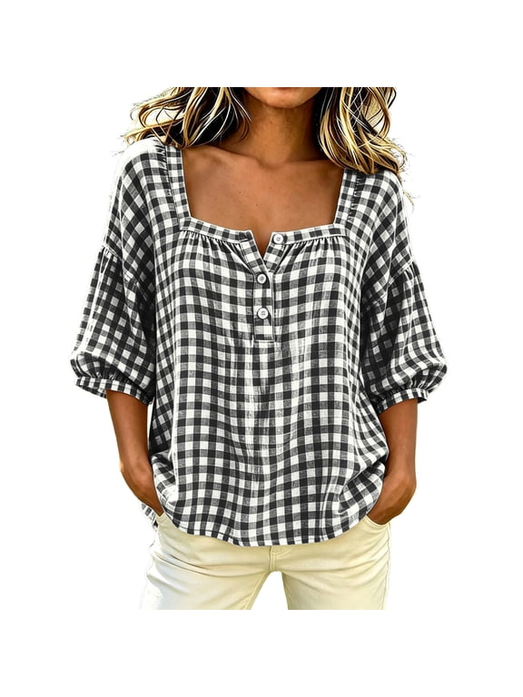 Women's Gingham Blouse, Square Neck Button Front Puff Sleeve Top, Checked Loose Fit Casual Shirt, Everyday Versatile Summer Layer