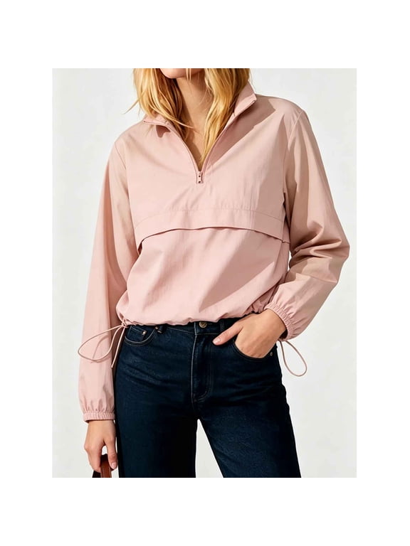 Women's Half Zip Pullover Windbreaker Jacket Stand Collar Long Sleeve Drawstring Hem Lightweight Casual Outdoor Travel Anorak Top Outerwear