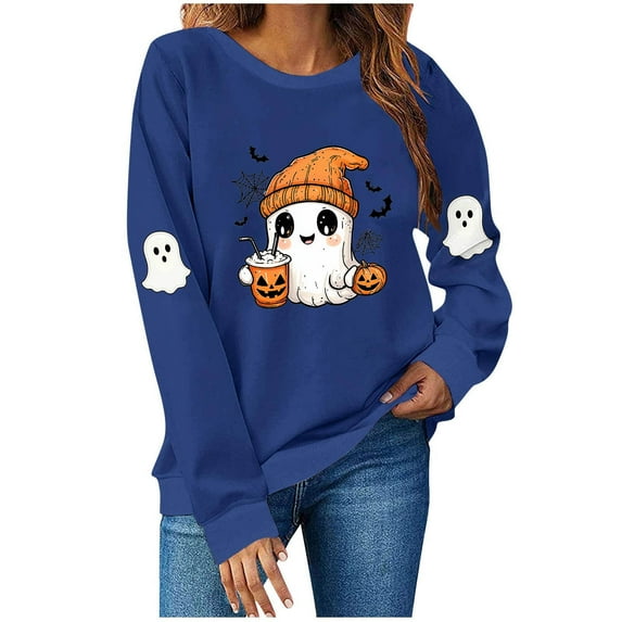 SuTry Women's Halloween Cute Fashion Printed Long Sleeve Crew Neck Loose Blouses Hoodless Sweatshirts T-Shirt Halloween Parties Wear(Blue,XL)