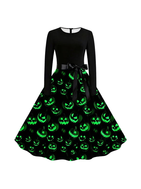 Women's Halloween Dress Round Neck Long Sleeve Belted Waist A Line Swing Skirt Pumpkin Print Party Evening Holiday Festive Outings