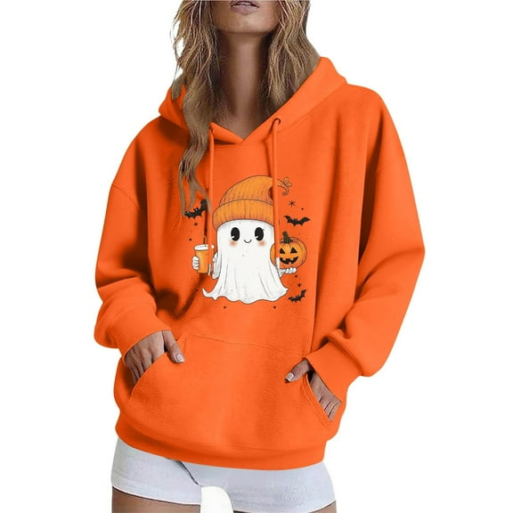 SuTry Women's Halloween Theme Printed Blouses Trendy Long Sleeve Hooded Casual Sweatshirts Tops Coverage Warmth Wear Clothes(Orange#2,S)