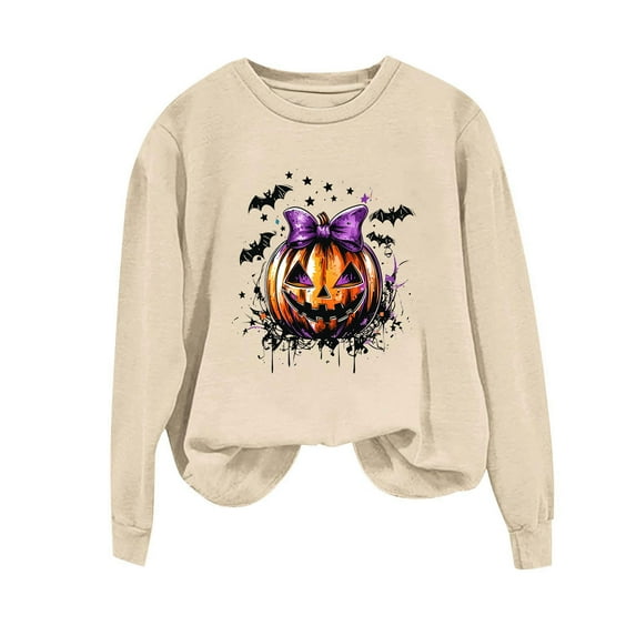 SuTry Women's Halloween Tops Bowknot Pumpkin Printed Long Sleeved Crew Neck Hoodless Sweatshirt Fashionable Modern Look Blouses(Khaki,M)