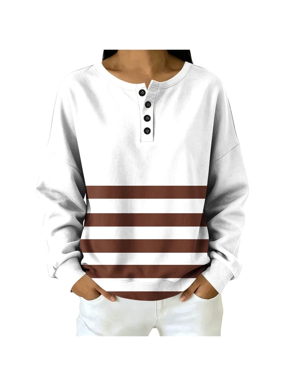 Women's Henley Sweatshirt Color Block Striped Long Sleeve Pullover with Button Placket Casual Loose Fit Top