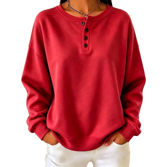 SuTry Women's Henley Sweatshirt Crew Neck Button Down Long Sleeve Pullover Drop Shoulder Relaxed Fit Casual Everyday Wear Top
