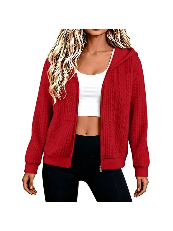 Women's Hooded Cardigan, Cable Knit Zip Up Long Sleeve Coat, Solid Color Loose Fit Sweatshirt with Pockets, Everyday Versatile Winter Outerwear