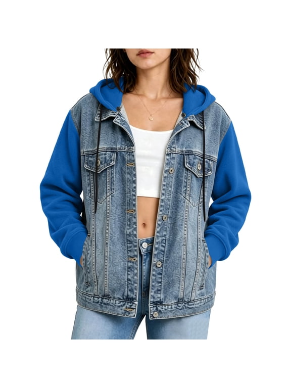 Women's Hooded Denim Jacket Colorblock Sleeve Button Down Relaxed Fit Multi Pocket Cotton Stretch Casual School Outdoor Everyday Wear