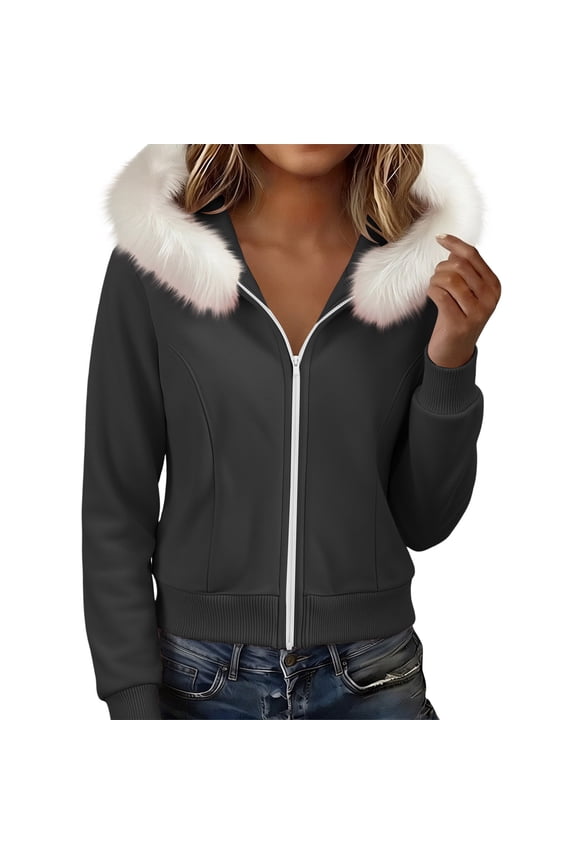 Women's Hooded Jacket Faux Fur Trim Full Zip Ribbed Cuffs Slim Fit Long Sleeve Casual Fall Winter Daily Wear Outerwear