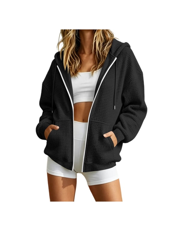 Women's Hooded Jacket Waffle Knit Full Zip Up Relaxed Fit Drop Shoulder Drawstring Hood Kangaroo Pockets Casual Daily Wear Outerwear