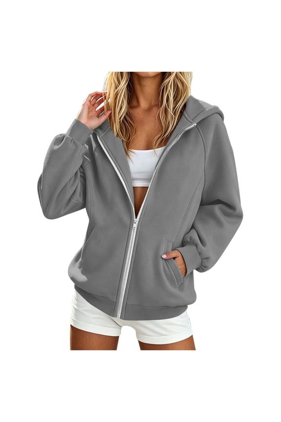 Women's Hooded Jacket Zip Up Raglan Sleeve Drop Shoulder Loose Fit Kangaroo Pocket Ribbed Trim Casual Daily Wear Outerwear