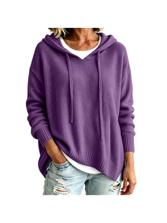 Women's Hooded Knit Sweater, Drawstring Hoodie Pullover, Ribbed Hem Relaxed Fit Top, Everyday Cozy Casual Layer