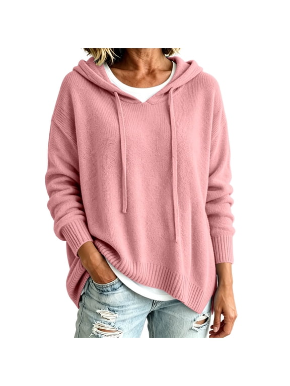 Women's Hooded Knit Sweater, Drawstring Hoodie Pullover, Ribbed Hem Relaxed Fit Top, Everyday Cozy Casual Layer