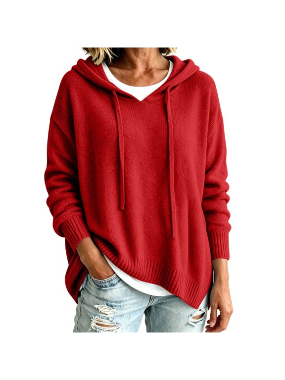 Women's Hooded Knit Sweater, Drawstring Hoodie Pullover, Ribbed Hem Relaxed Fit Top, Everyday Cozy Casual Layer