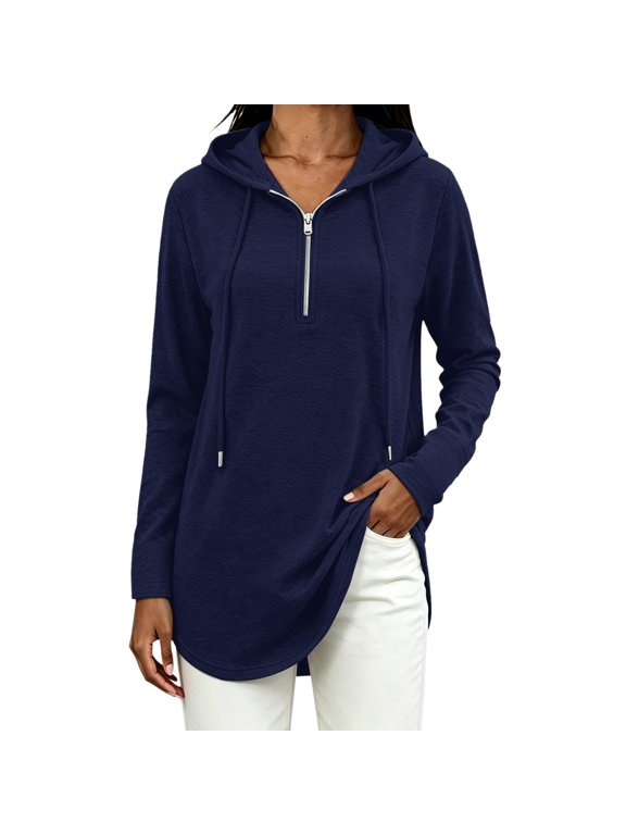 Women's Hooded Tunic Top Half Zip Long Sleeve Drawstring Relaxed Loose Fit Side Slit Curved Hem Casual Everyday Wear