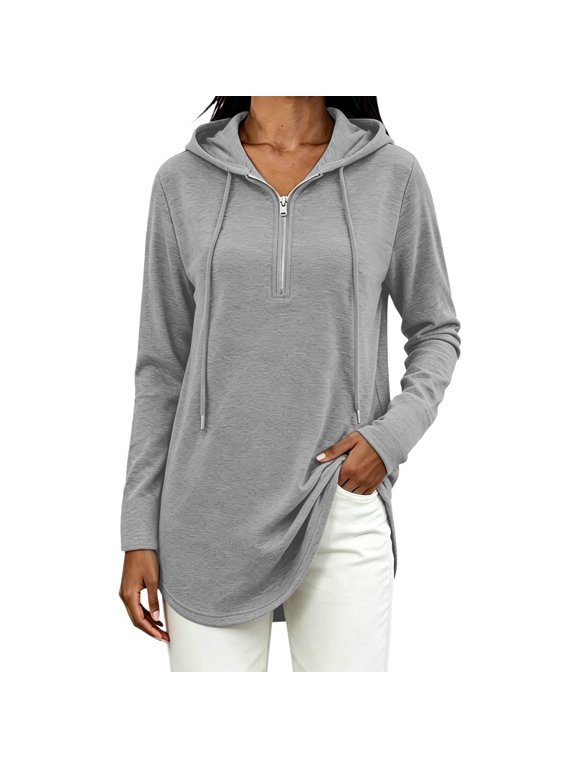 Women's Hooded Tunic Top Half Zip Long Sleeve Drawstring Relaxed Loose Fit Side Slit Curved Hem Casual Everyday Wear