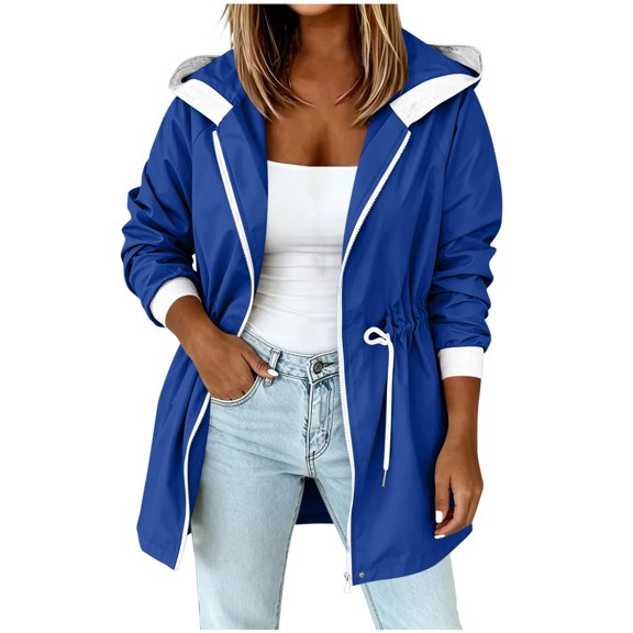 SuTry Women's Hooded Windbreaker Long Zip Raincoat Adjustable Waist Drawstring Ribbed Cuffs School Outdoor Travel Casual Fall Spring Everyday Wear