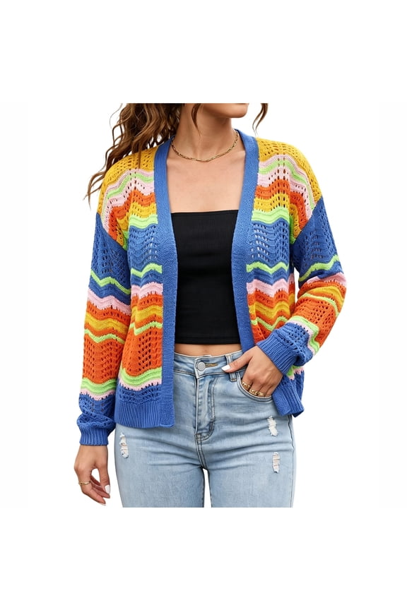 Women's Knit Cardigan Colorful Chevron Stripe Relaxed Fit Open Front Drop Shoulder Button Down Layering Piece Casual Spring Outings Outerwear