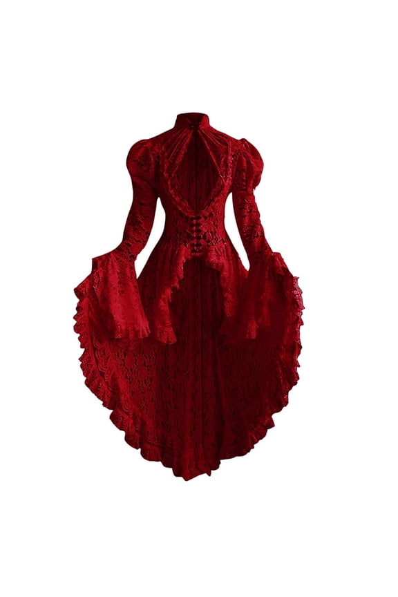 Women's Lace Dress Patchwork Stand up Collar Flared Sleeves Metal Buckle Dress Vintage Themed Parties Gatherings Clothes(Red,2XL)