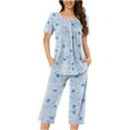 thumbnail image 1 of SuTry Women's Leisure Home Wear Short Sleeved Shirt Front Button Capri pants Pajama Set Short Sleeve Suitable for Transitional Weather (Light Blue#1,S), 1 of 4