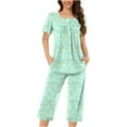 thumbnail image 1 of SuTry Women's Leisure Home Wear Short Sleeved Shirt Front Button Capri pants Pajama Set Short Sleeve Suitable for Transitional Weather (Green#2,3XL), 1 of 4