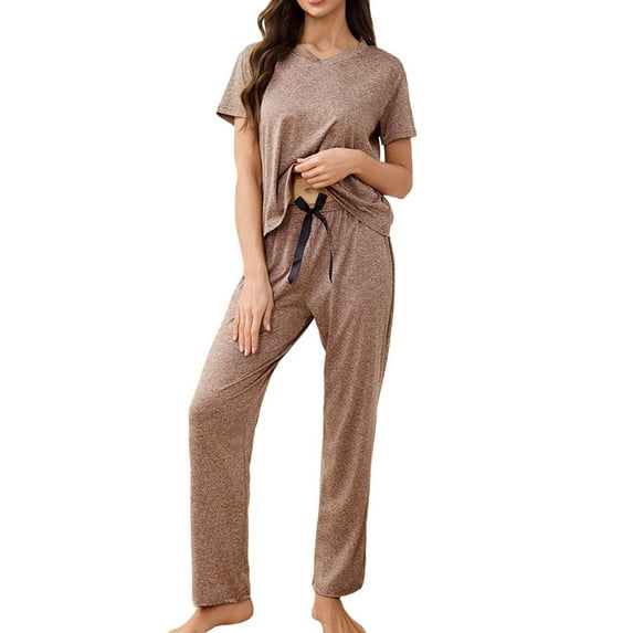 SuTry Women's Leisure Home Wear Short Sleeved Shirt and Long Pants Pajama Set Short Sleeve Suitable for Transitional Weather Wearing(Coffee#2,L)