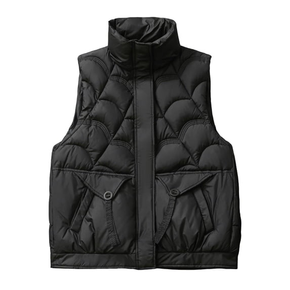 SuTry Women's Lightweight Down Vest Fall Winter Solid Color Stand Collar Sleeveless Fitted Front Zipper Pocket Fashion Outerwear(Black#1,XL)