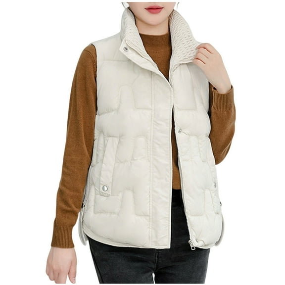 SuTry Women's Lightweight Down Vest Fall Winter Solid Color Stand Collar Sleeveless Fitted Front Zipper Pocket Fashion Outerwear(White,L)