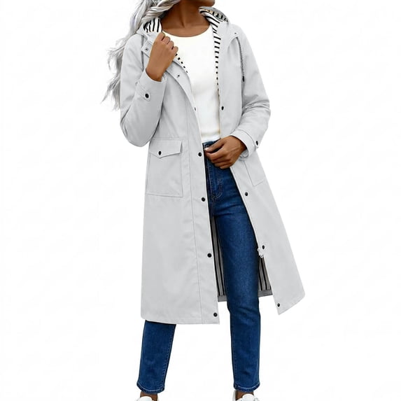SuTry Women's Long Raincoat Hooded Waterproof Windbreaker Zip Up Snap Front Striped Lined Pockets Outdoor Travel Commute Daily Wear Outerwear