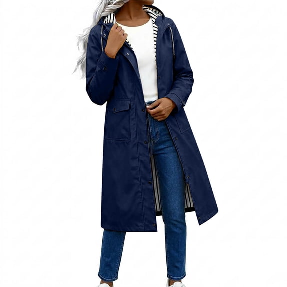 SuTry Women's Long Raincoat Hooded Waterproof Windbreaker Zip Up Snap Front Striped Lined Pockets Outdoor Travel Commute Daily Wear Outerwear