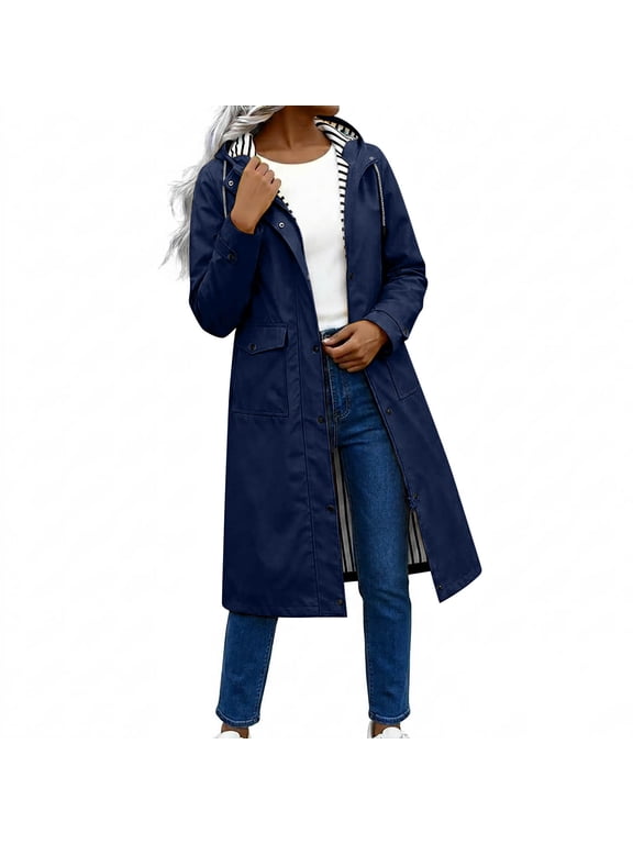 Women's Long Raincoat Hooded Waterproof Windbreaker Zip Up Snap Front Striped Lined Pockets Outdoor Travel Commute Daily Wear Outerwear