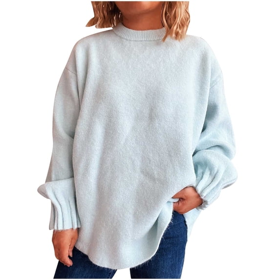 SuTry Women's Long Sleeve Round Neck Flower Decoration Solid Color Knitted Womens Sweaters Fall Sweaters for Women(Light Blue,M)