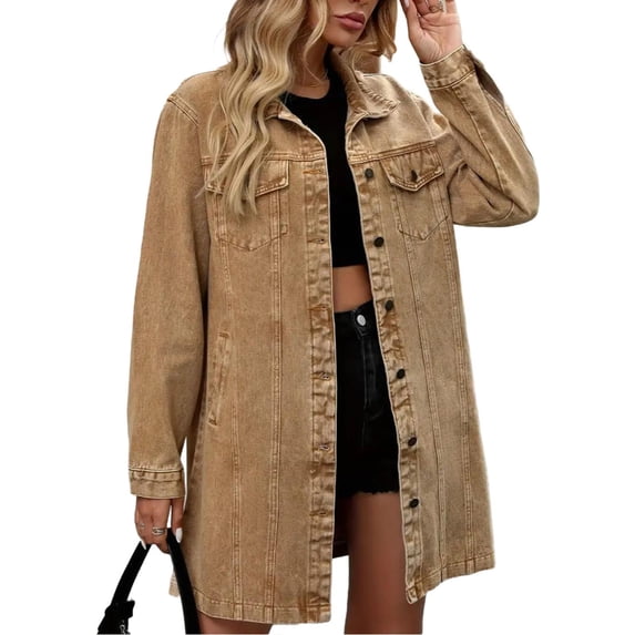 SuTry Women's Longline Denim Jacket Oversized Collared Button Down Chest Flap Pockets Side Slit Long Sleeve Relaxed Fit Casual Daily Wear Spring Outings Outerwear