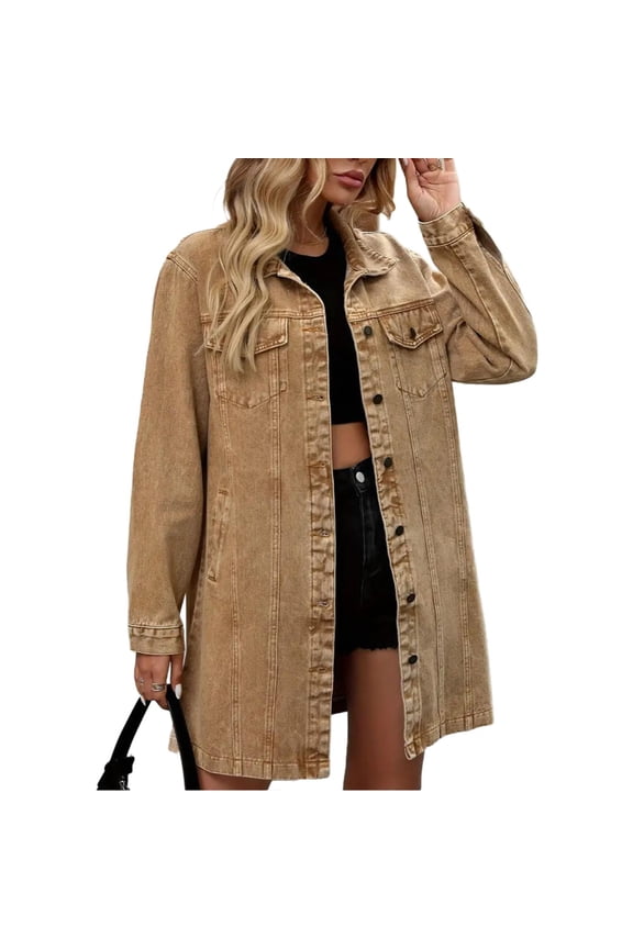 Women's Longline Denim Jacket Oversized Collared Button Down Chest Flap Pockets Side Slit Long Sleeve Relaxed Fit Casual Daily Wear Spring Outings Outerwear