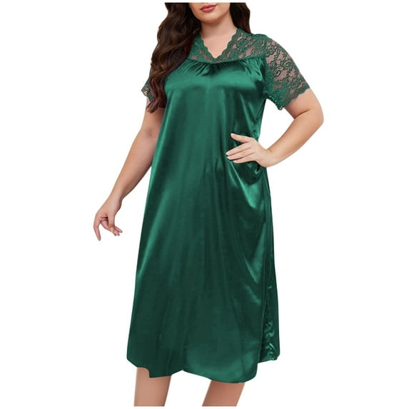 SuTry Women's Loose Plus Size Pajamas Sequin Solid Color V-Neck Short Sleeve Lace Stitching Nightdress for Body Coolness Wearing(Green#3,3XL)