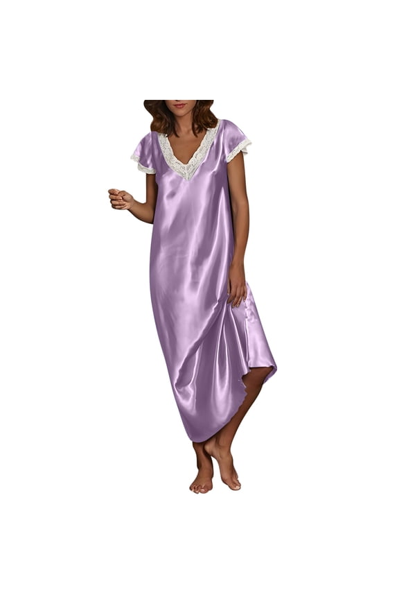 Women's Loose Plus Size Pajamas Sequin Solid Color V-Neck Short Sleeve Lace Stitching Nightdress for Body Coolness Wearing(Purple#1,M)