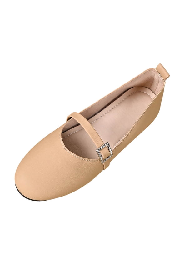 Women's Mary Jane Flats PU Leather Round Toe Rhinestone Buckle Slip On Lightweight Comfortable Casual Walking Shoes(36)