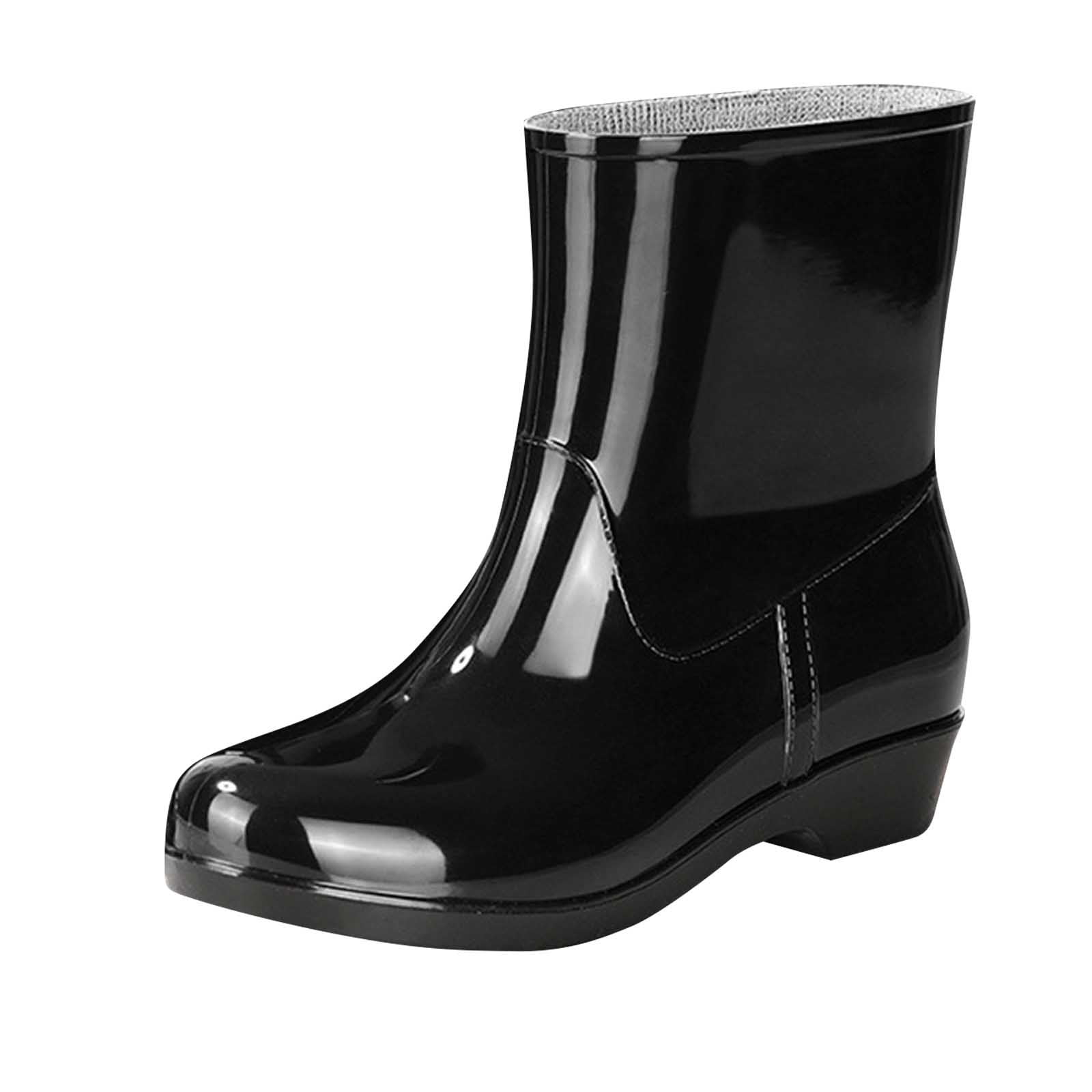 SuTry Women's Mid-Calf Waterproof Rain Boots Glossy PVC Wellies with Non-Slip Sole Low Heel Casual Water Shoes for Spring Summer Work Outdoor Use