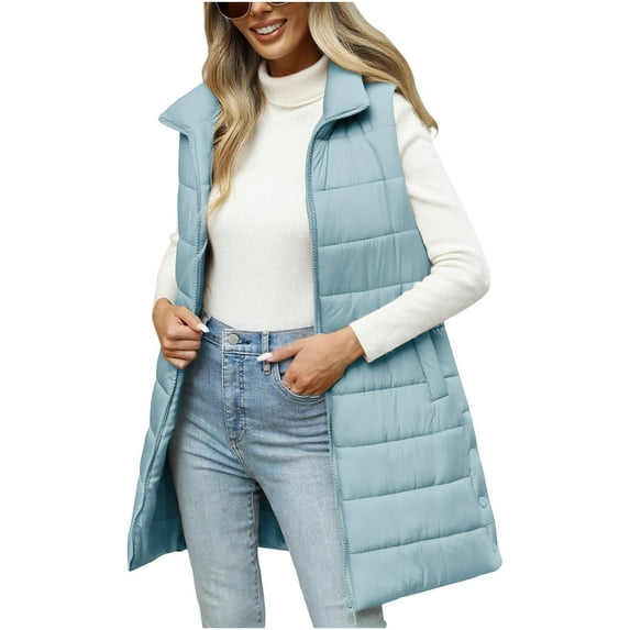 SuTry Women's Mid Length Vest Fall Winter Hooded Sleeveless Thermal Lined Solid Color Fashion Outerwear for Ladies(Light Blue#3,XL)