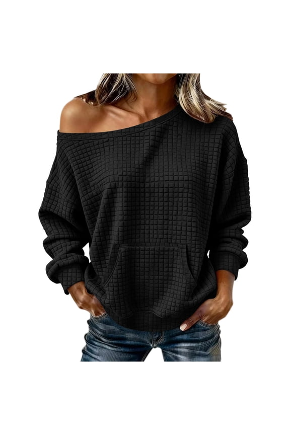 Women's Off Shoulder Top Waffle Knit Oversized Long Sleeve Pullover with Front Pocket Casual Daily Wear Relaxed Cozy Fit