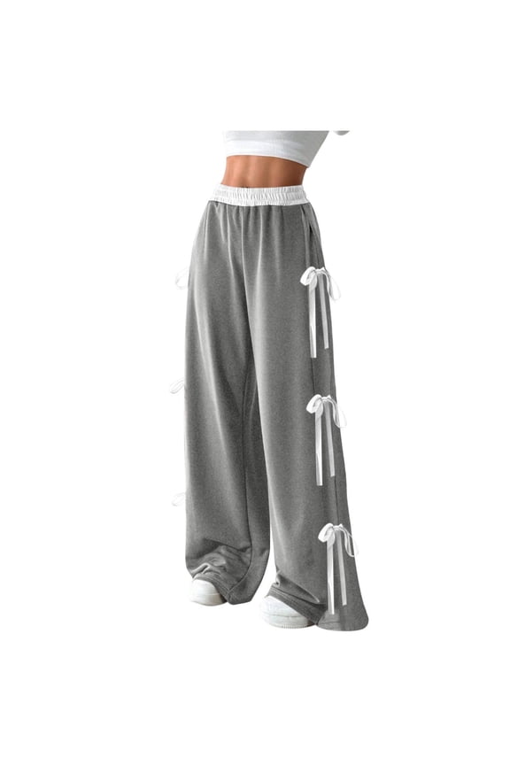 Women's Oversize Pants Fall Trendy High - Waisted Elastic Waistband Unique Bow Embellishments Trousers with Contrasting Side Stripe(Gray,XL)