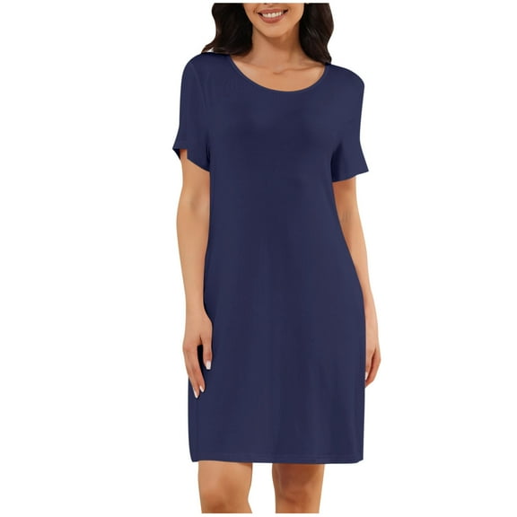 SuTry Women's Pajamas Round Neck Short Sleeve Solid Color Loose Comfy Home Mid-long Length Sleeping Dress Coolness Loose for Sleeping(Navy#3,2XL)