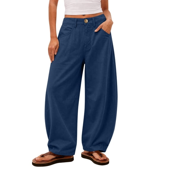 SuTry Women's Pants Button Fly Mid Rise Barrel Wide Leg Jeans Stitched Detail Side Pockets Relaxed Baggy Casual Cotton Blend Trousers